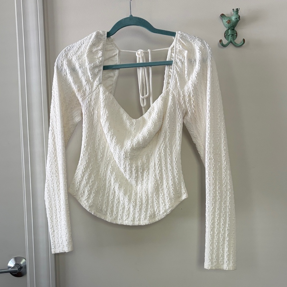Free People White Textured Long-Sleeve Top with Open Tie Back